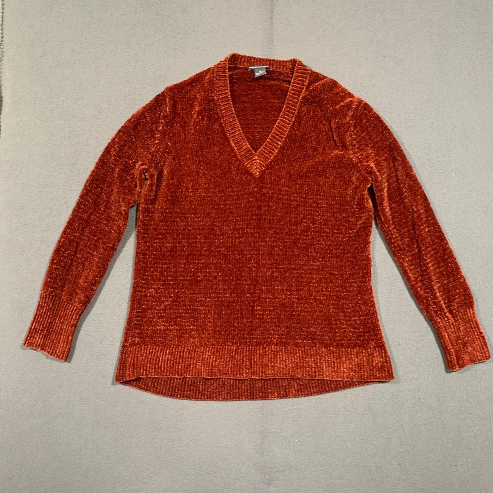 Chelsea & Theodore Sweater Womens Medium Rust Orange Chenille V-Neck Long Sleeve
